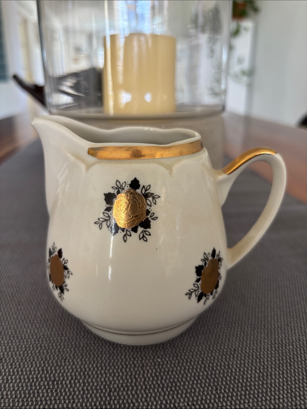 Gold Accent White Ceramic Creamer - Elegant Home Art. Latvian -Riga stamp 1970’s